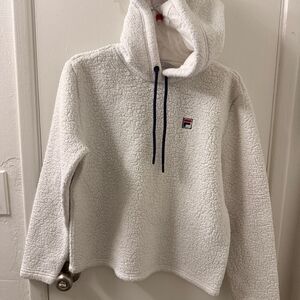 Fila Women's Hoodie Medium Sherpa Fleece White Blue Striped